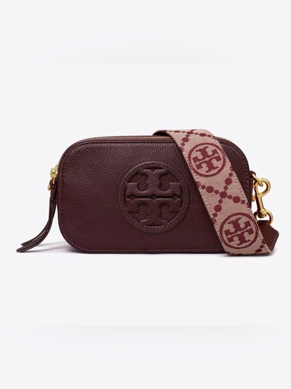 Tory Burch Pebbled Leather Crossbody in Burgundy with Patterned Strap